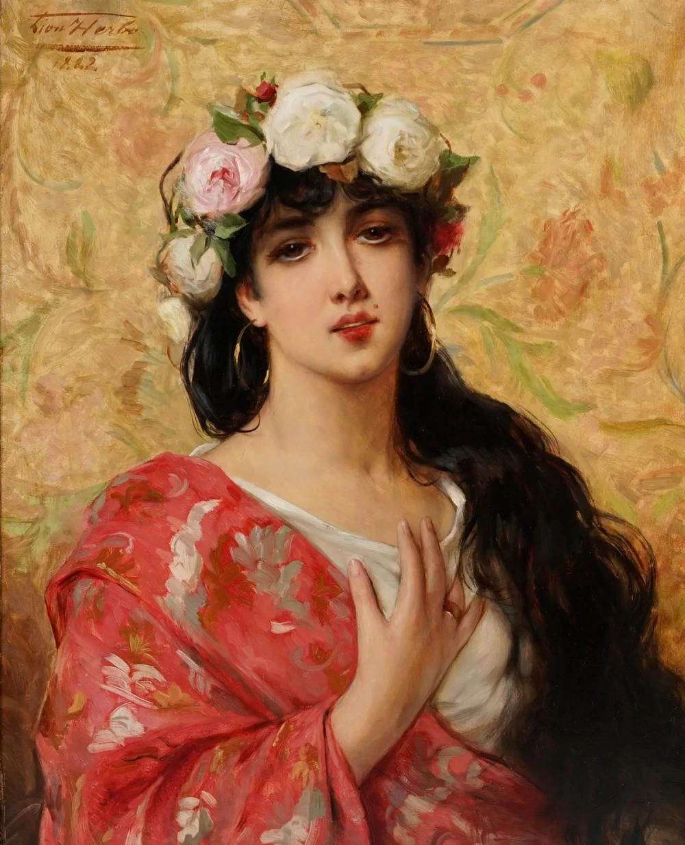 Ritratto di una bellezza bruna con corona di rose